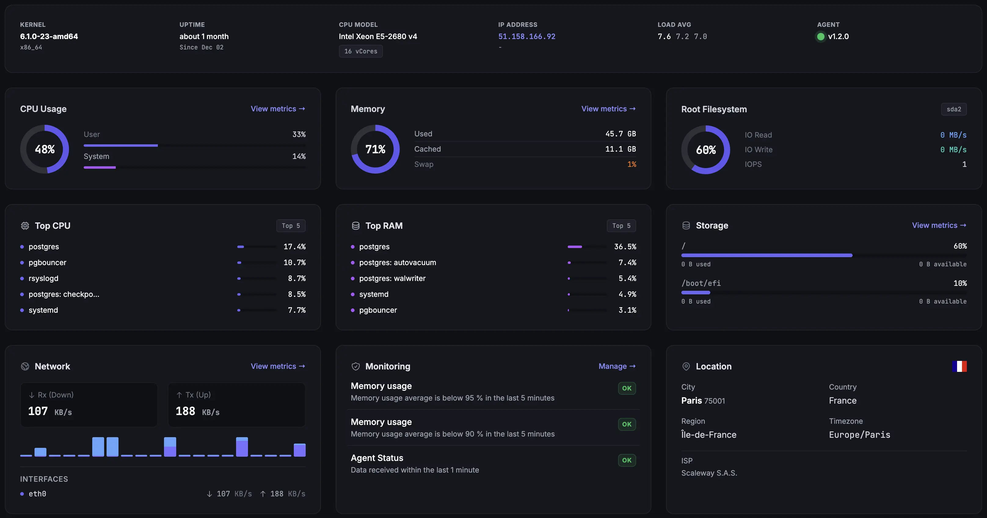 Fivenines dashboard showing server metrics, uptime checks and infrastructure overview
